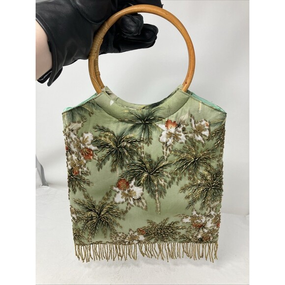 Unbranded Handbags - 1960s 70s Beaded Bag Bamboo Handles Purse Fringe BEACHY Vacation BOHO Retro